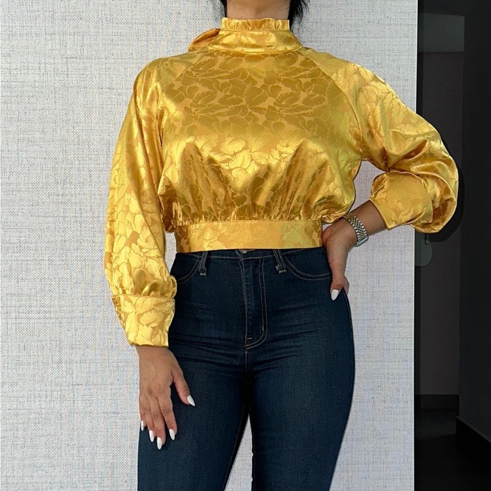 INA Jacquard Mustard Open Back Long Sleeve Blouse Medium
